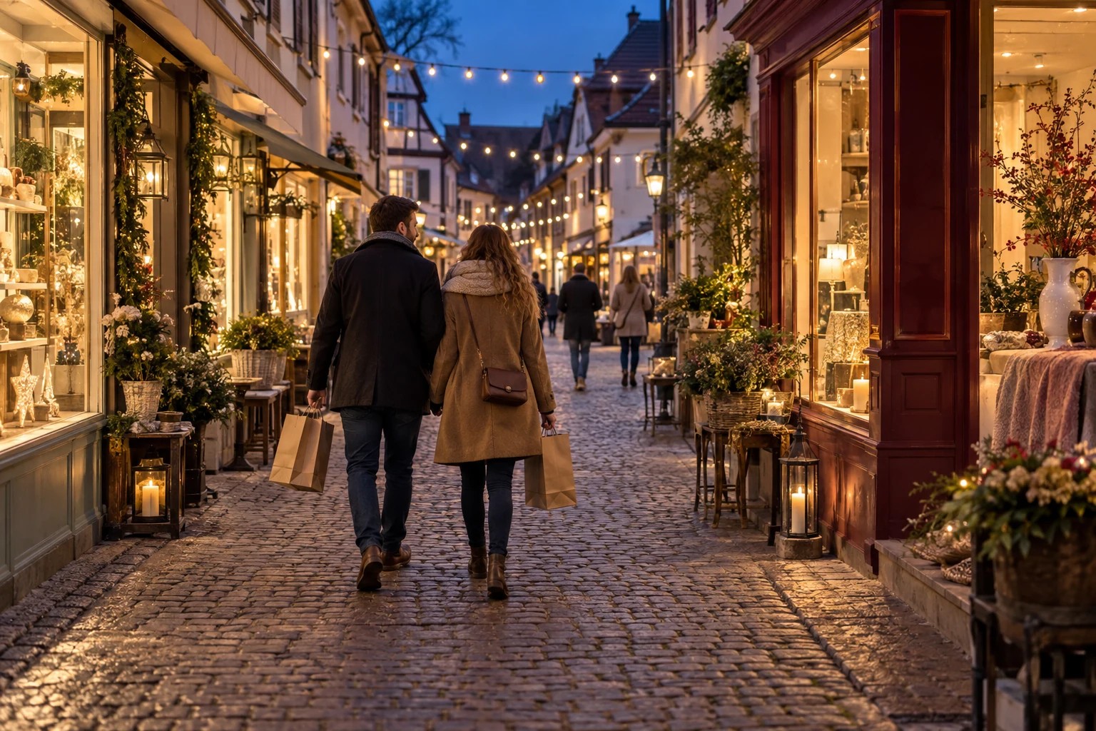 KI-Symbolbild: abendlicher Einkaufsbummel in einer fiktiven Altstadt