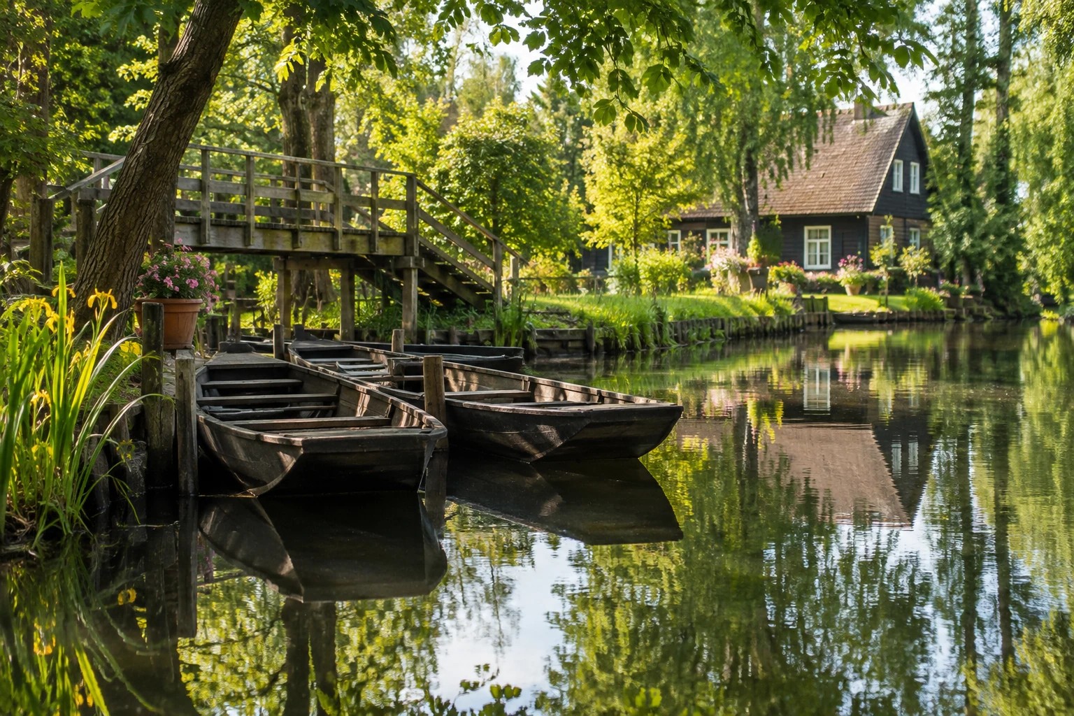 KI-Symbolbild: Wasserlandschaft mit Holzkähnen, vom Spreewald inspiriert