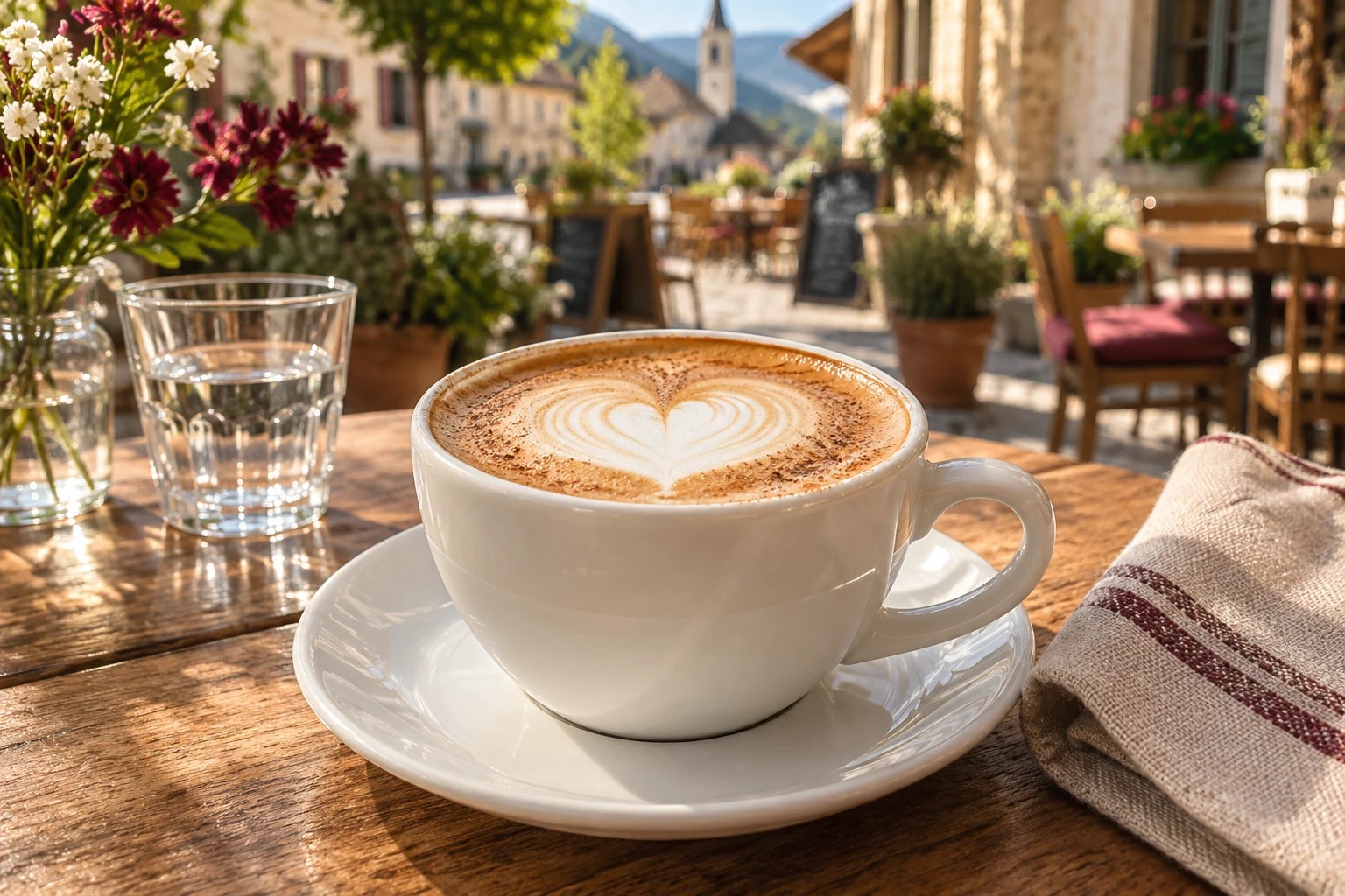 KI-Symbolbild: Cappuccino auf einer fiktiven Caféterrasse