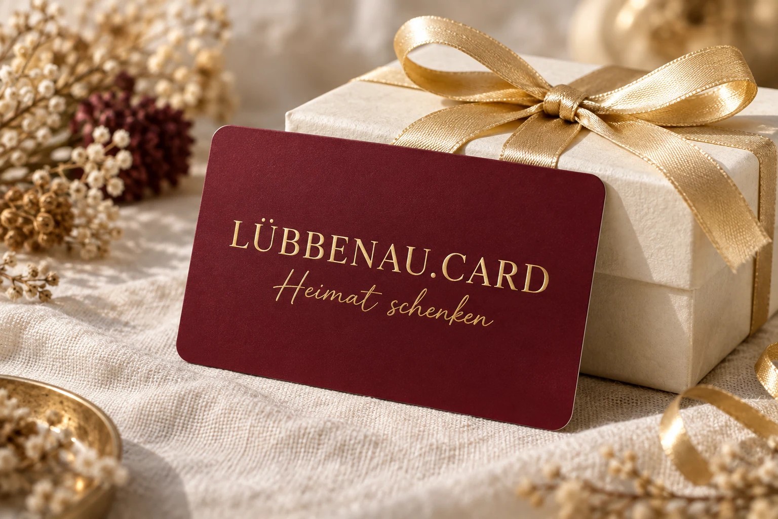KI-Produktentwurf: weinrote Lübbenau.Card und Geschenkbox, kein offizielles Produktfoto