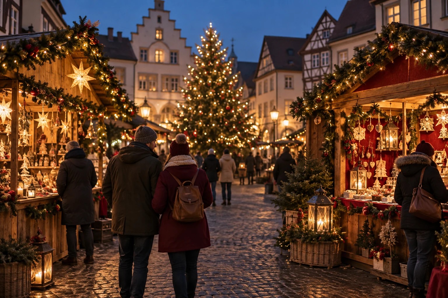 KI-Symbolbild: fiktiver Weihnachtsmarkt mit Lichtern und Holzständen